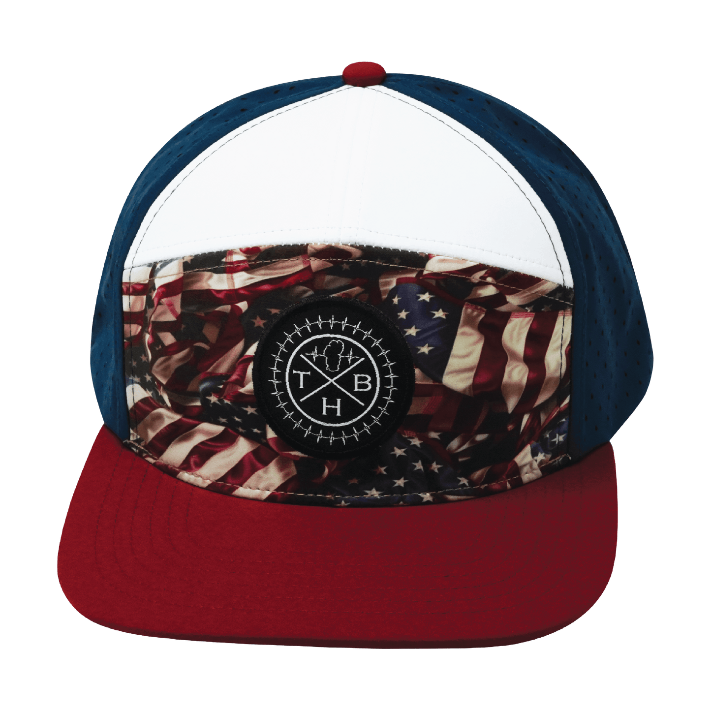 **ADULT** Color Vibes Hat - Flat Bill - Silk Flag - Dark Red / White / Navy - Laser Mesh