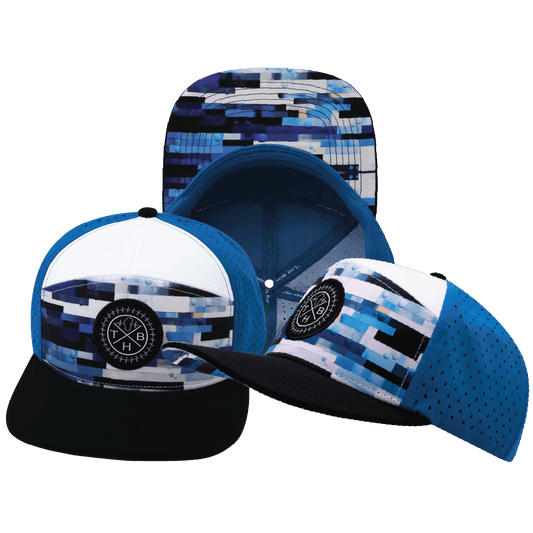 **ADULT** Color Vibes Hat - Flat Bill - Sky Blocks - Black / White / Blue - Laser Mesh