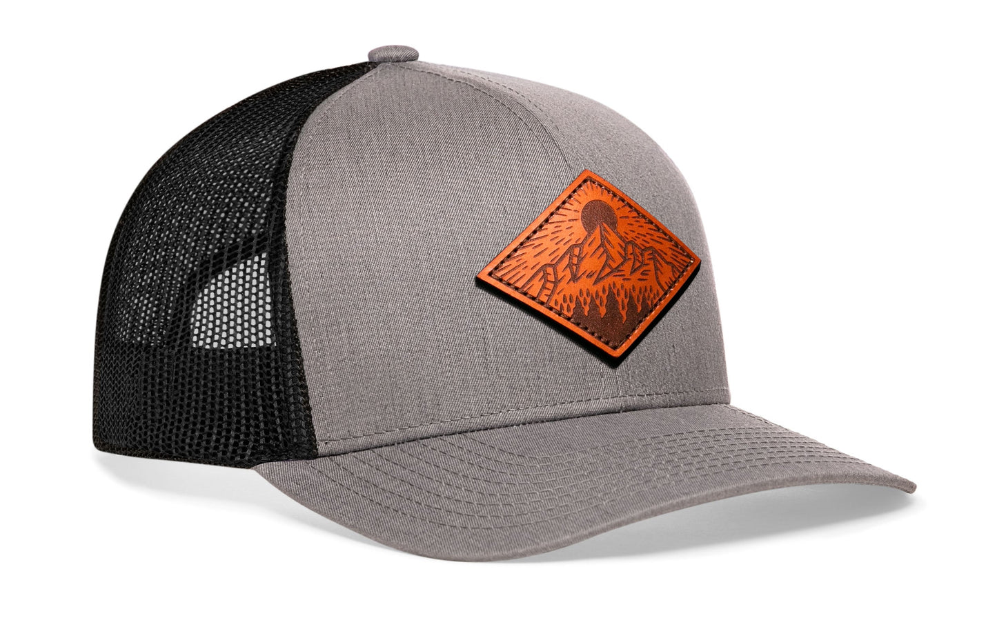Diamond Mountain and Trees Trucker Hat Leather  |  Outdoors Snapback