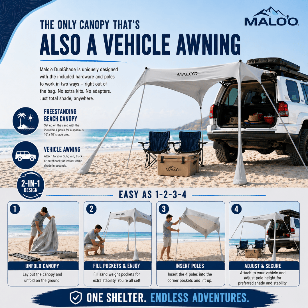 DualShade 10x10 Beach Canopy – Instant Sun Shelter & Vehicle-Mounted Awning