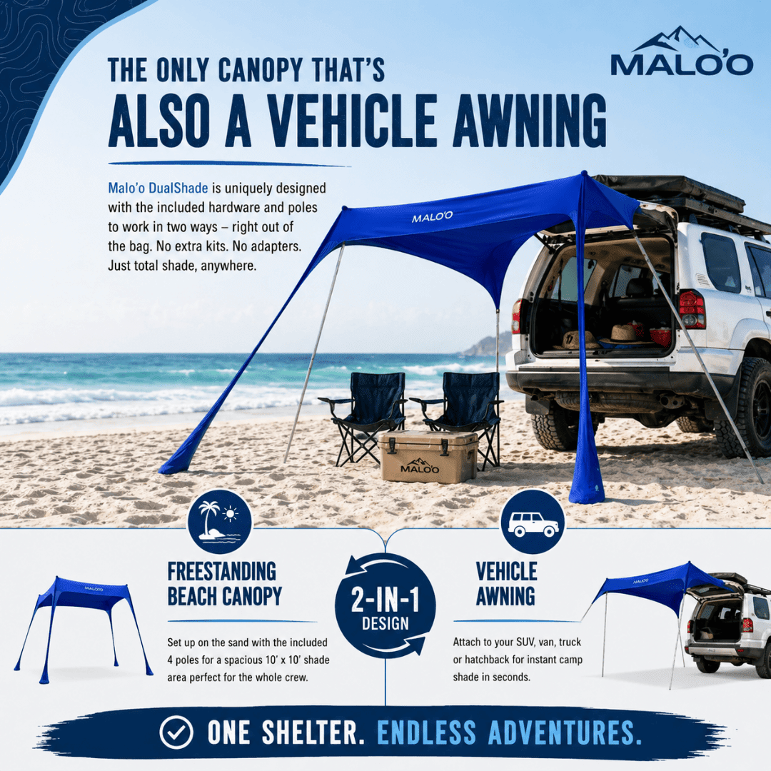 DualShade 10x10 Beach Canopy – Instant Sun Shelter & Vehicle-Mounted Awning