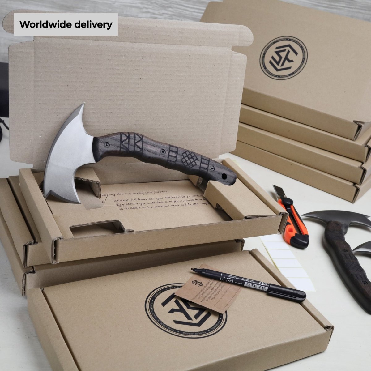 Handmade tomahawk "Dakuri" with tribal engraving