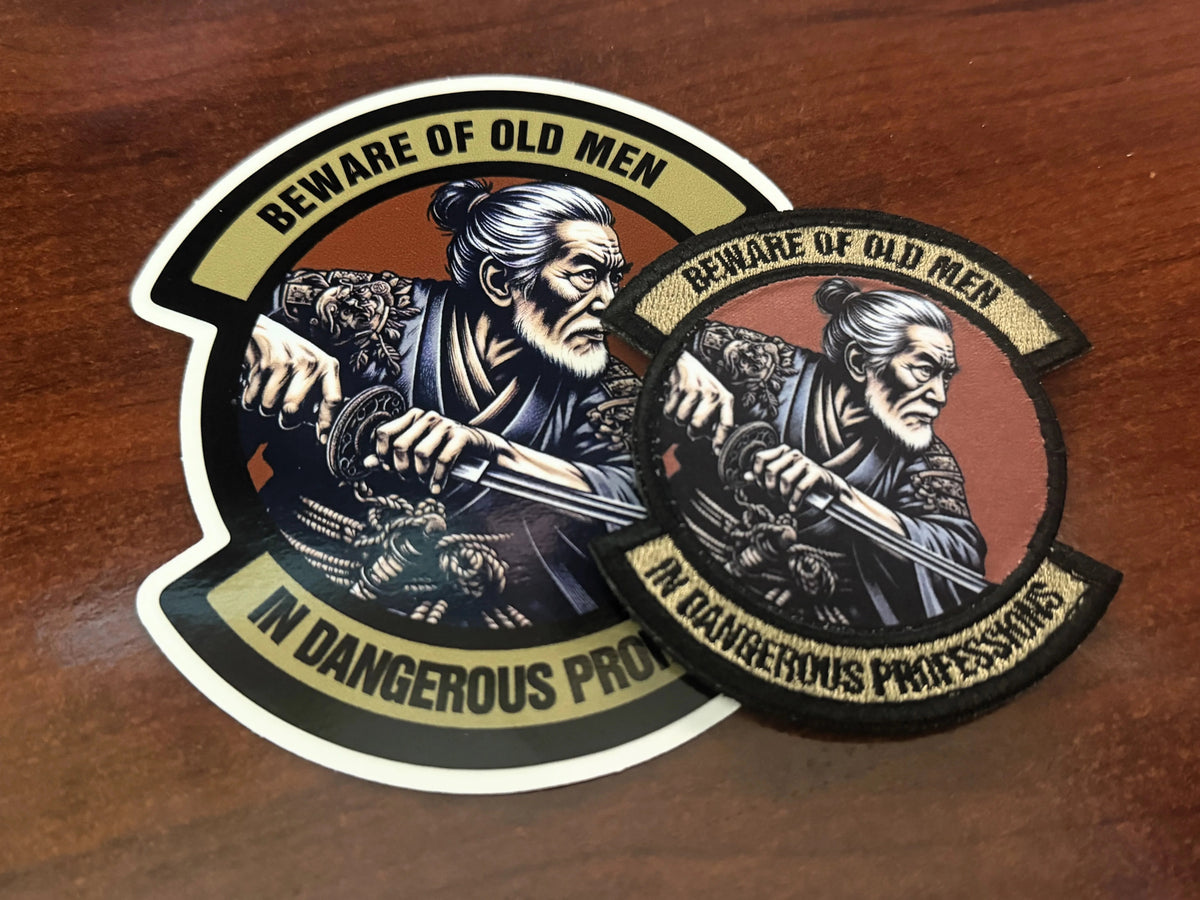 Beware of Old Men - in Dangerous Professions - Asian - 3" Embroidered/Sublimated Patch & Sticker Combo