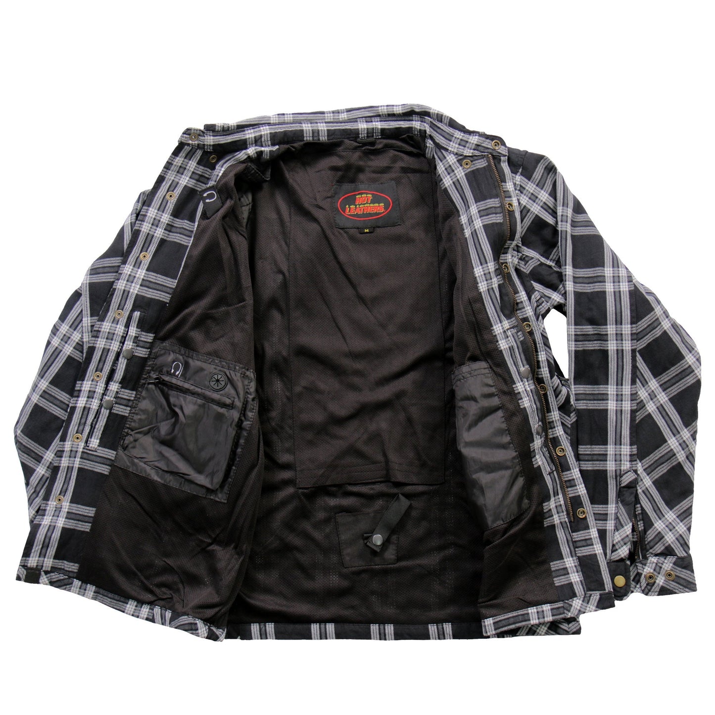 Hot Leathers Men's 'Road Wolf' White/Black Cotton Flannel Shirt - Button Front - Riding Protective Wear - JKM3002