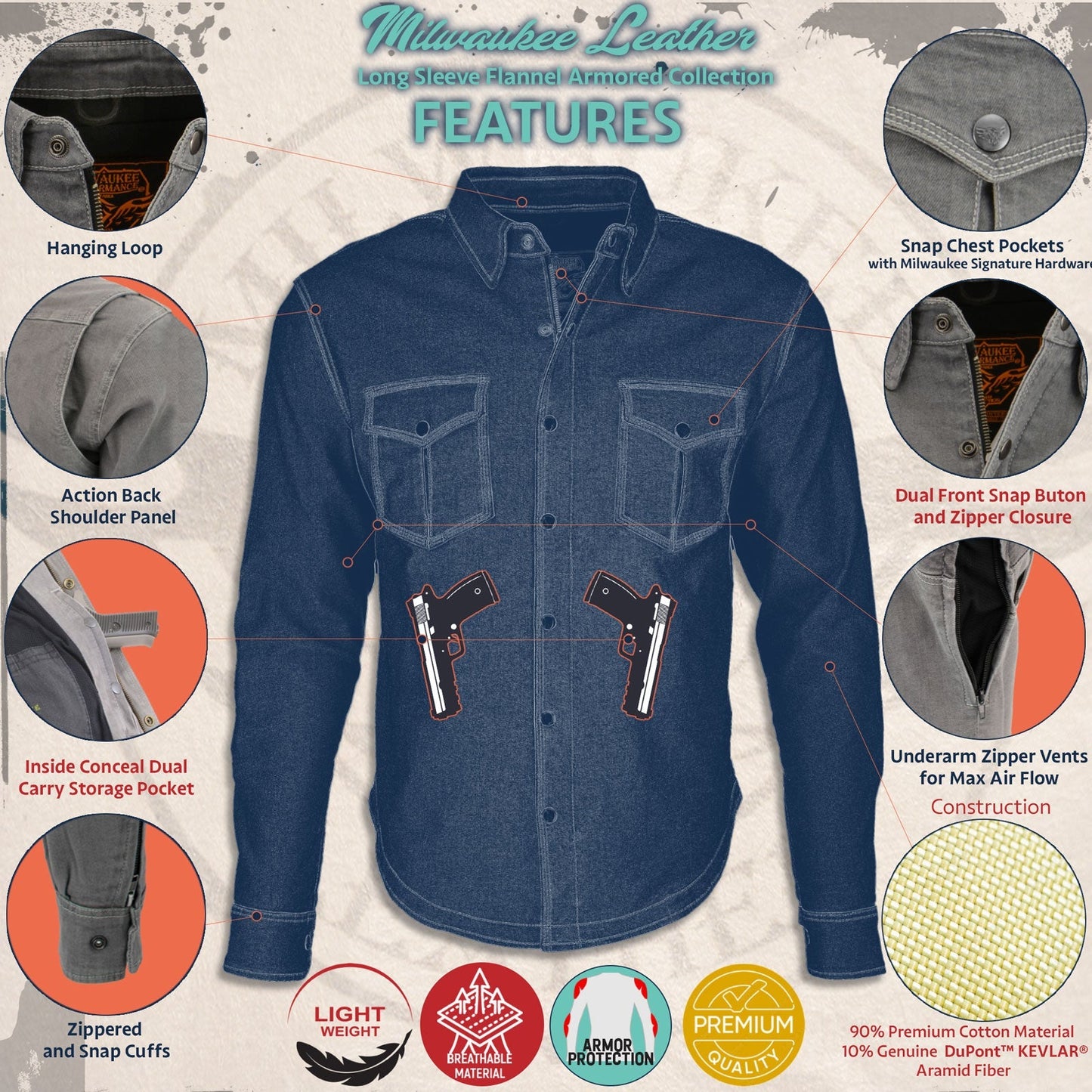 Milwaukee Leather MPM1620 Men's Black Flannel Biker Shirt w/ CE Approved Armor - Reinforced w/ Aramid Fibers