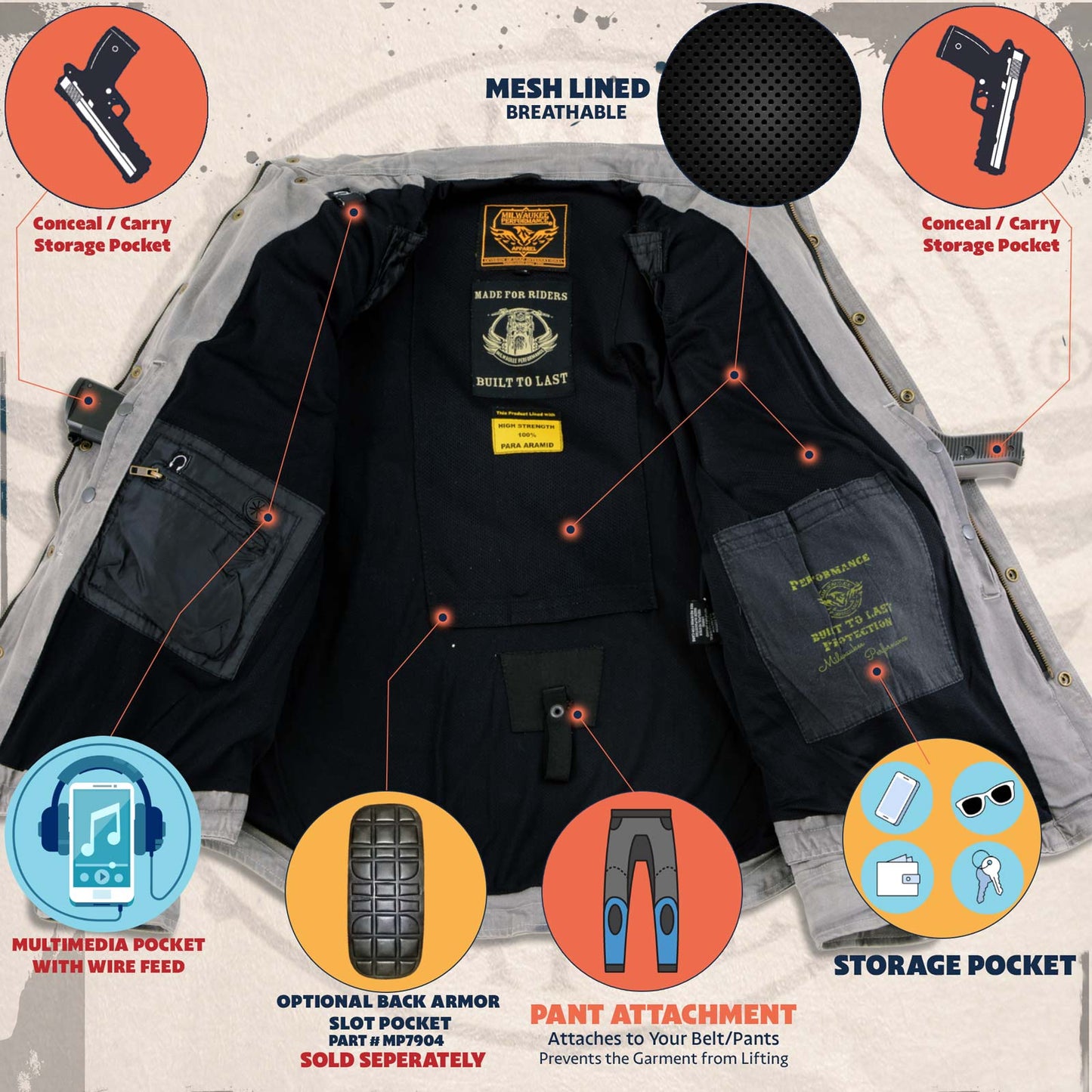Milwaukee Leather Men's Titans Orange Hooded CE Armored Flannel Shirt with Aramid Reinforced Zones - MPM1642