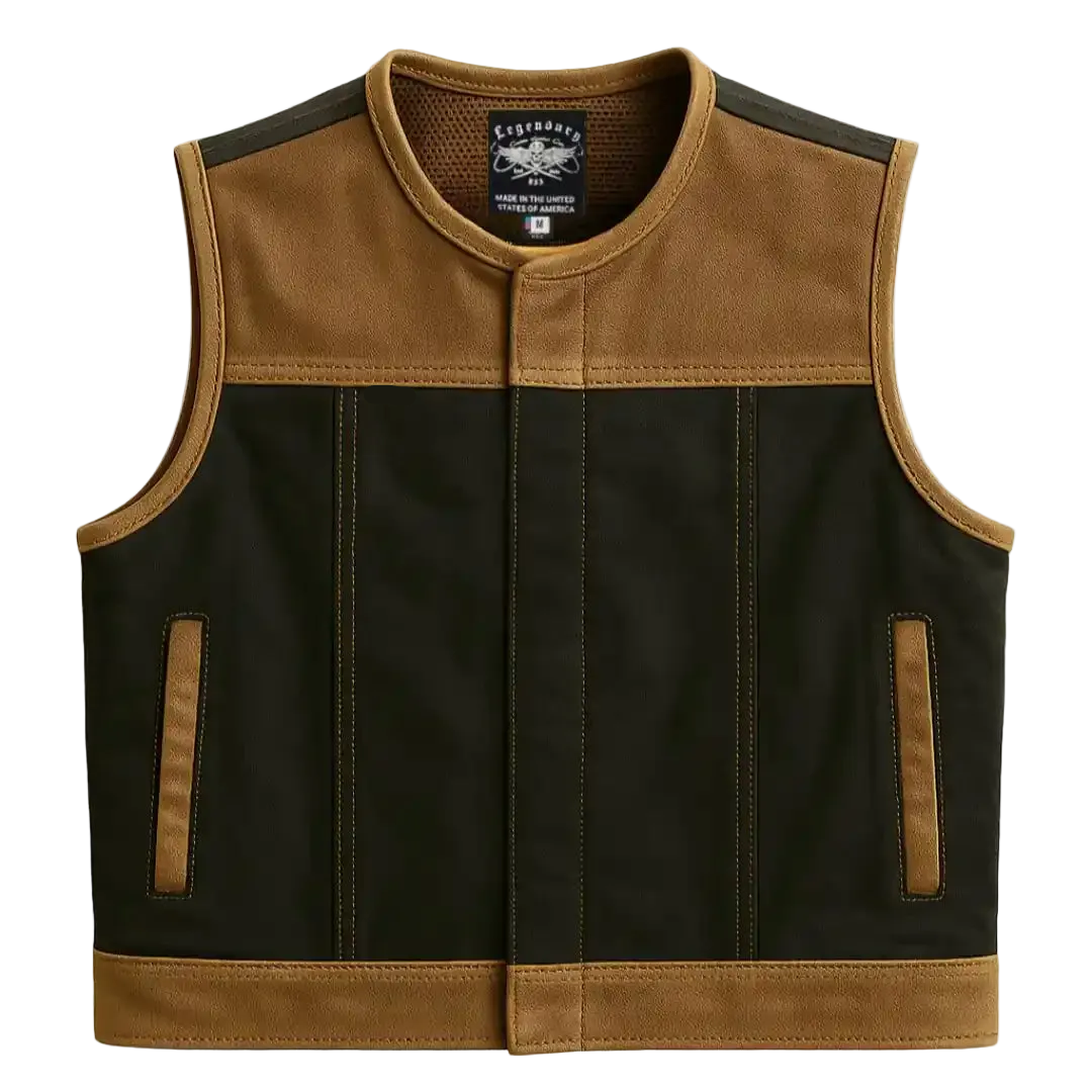 Legendary LowLife NCP Canvas & Leather Cropped Fitted Club Style Motorcycle Vest - Tobacco Brown