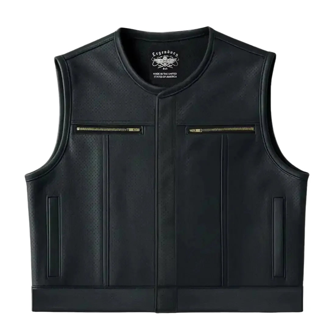 Legendary LowLife Z Perforated Black Cropped Fitted Leather Club Style Motorcycle Vest