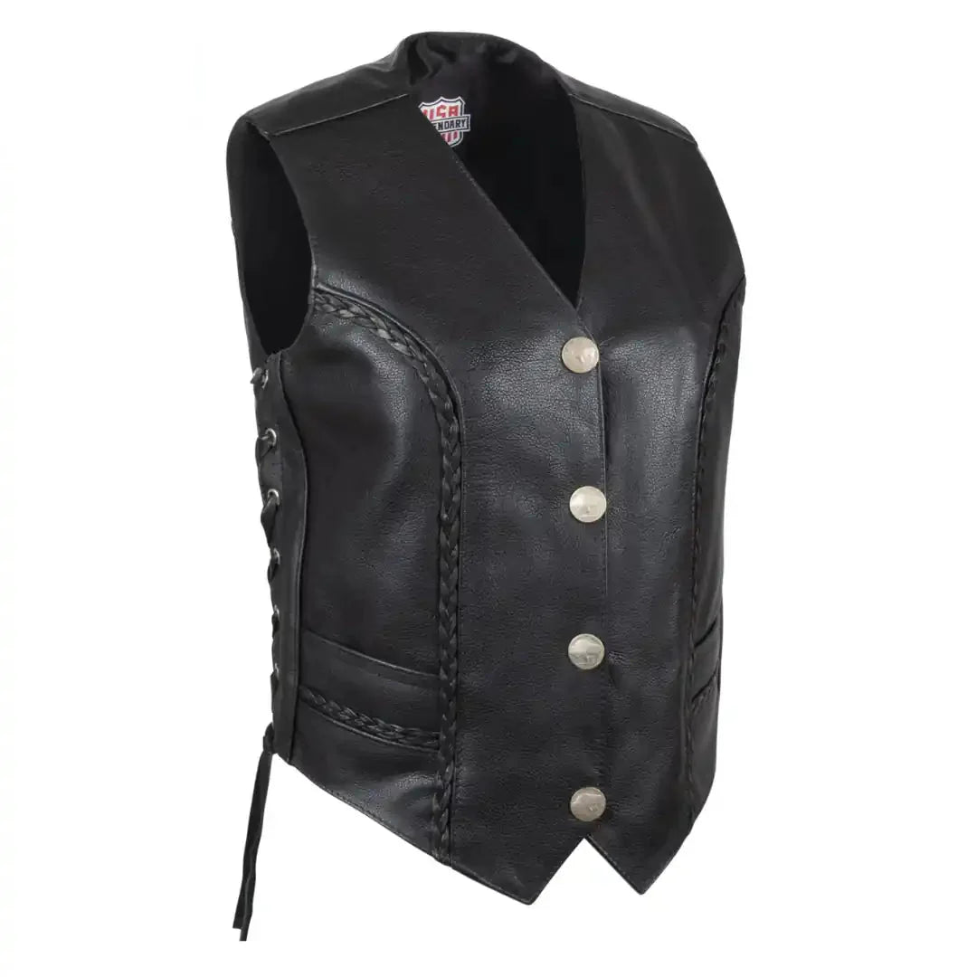 Legendary Vikla Chikla Women’s Leather Braided Motorcycle Vest w/Buffalo Nickel Snaps