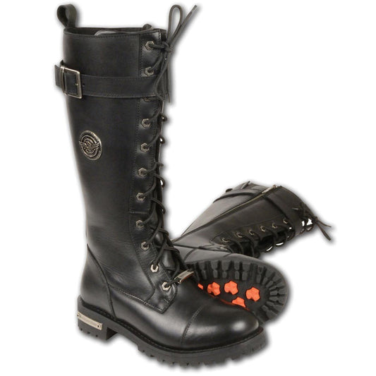 Milwaukee Leather Women's Black 14-inch Lace-Up High-Rise Leather Biker Rider Boots with Calf Buckle MBL9355