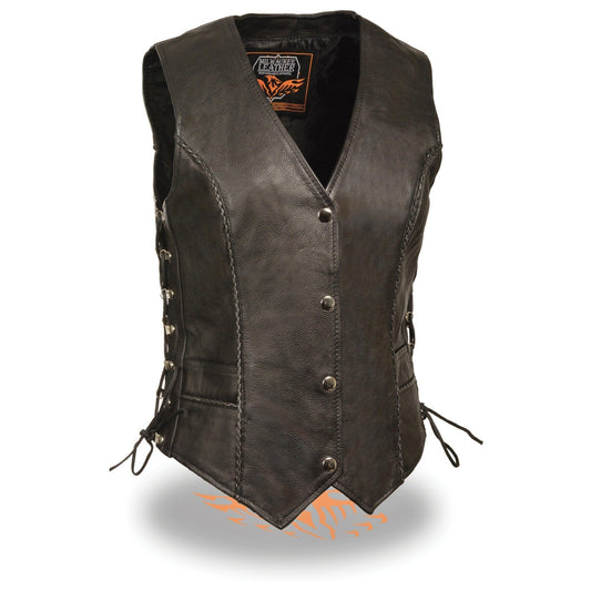 Milwaukee Leather ML2042 Women's Black Braided Premium Leather Motorcycle Rider Vest w/ Side Laces