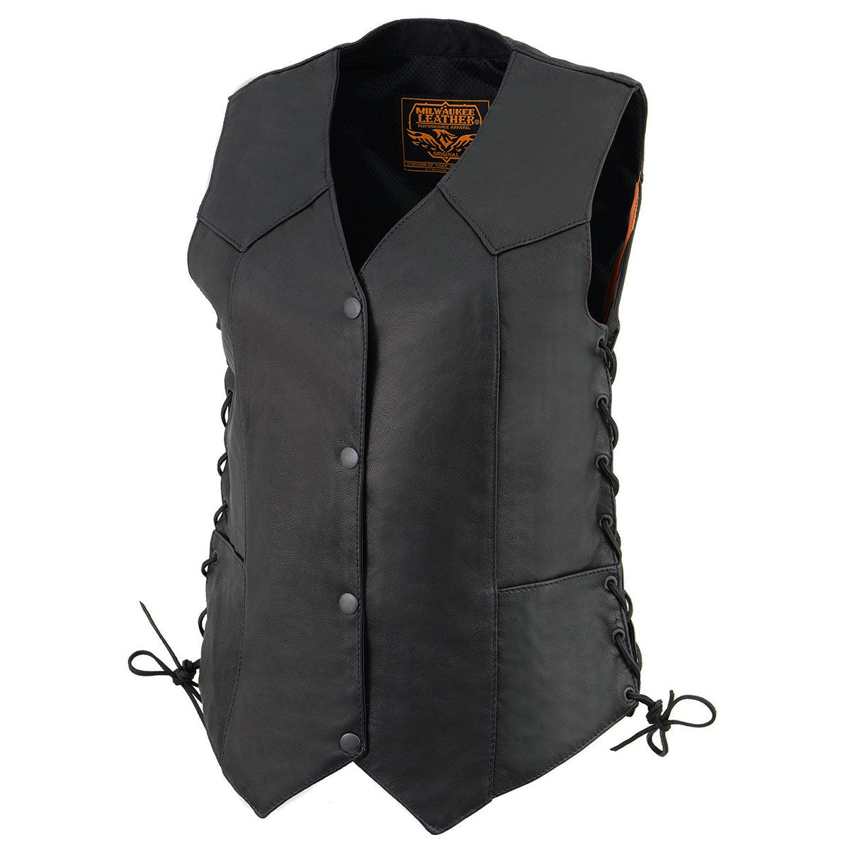 Milwaukee Leather MLL4546 Women's Black Premium Leather Lightweight V-Neck Motorcycle Rider Vest w/ Side Laces