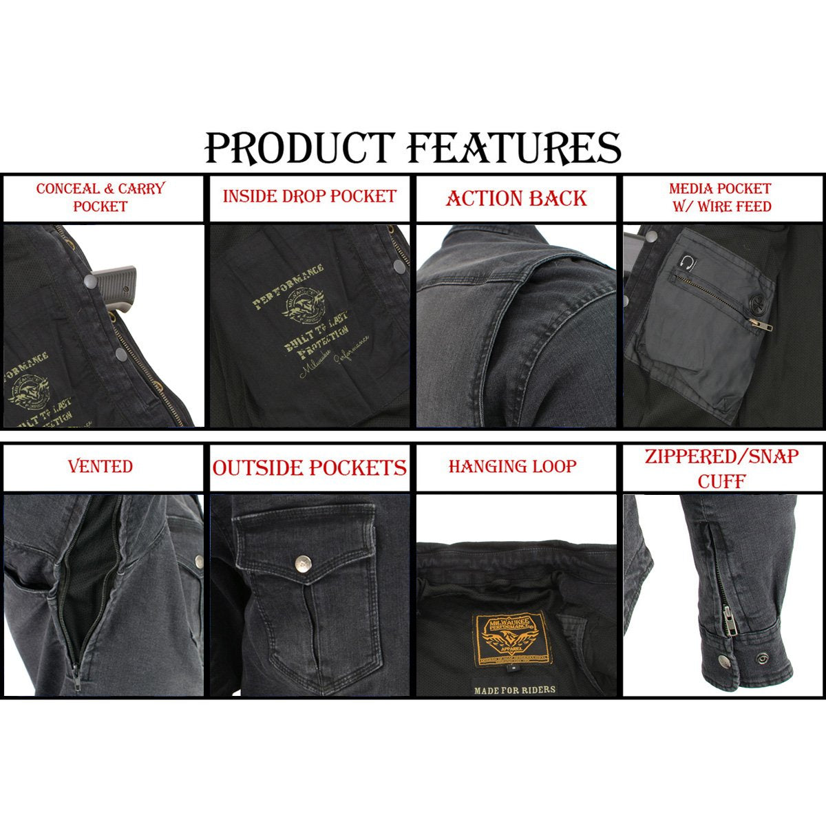 Milwaukee Leather MPM1620 Men's Black Flannel Biker Shirt w/ CE Approved Armor - Reinforced w/ Aramid Fibers