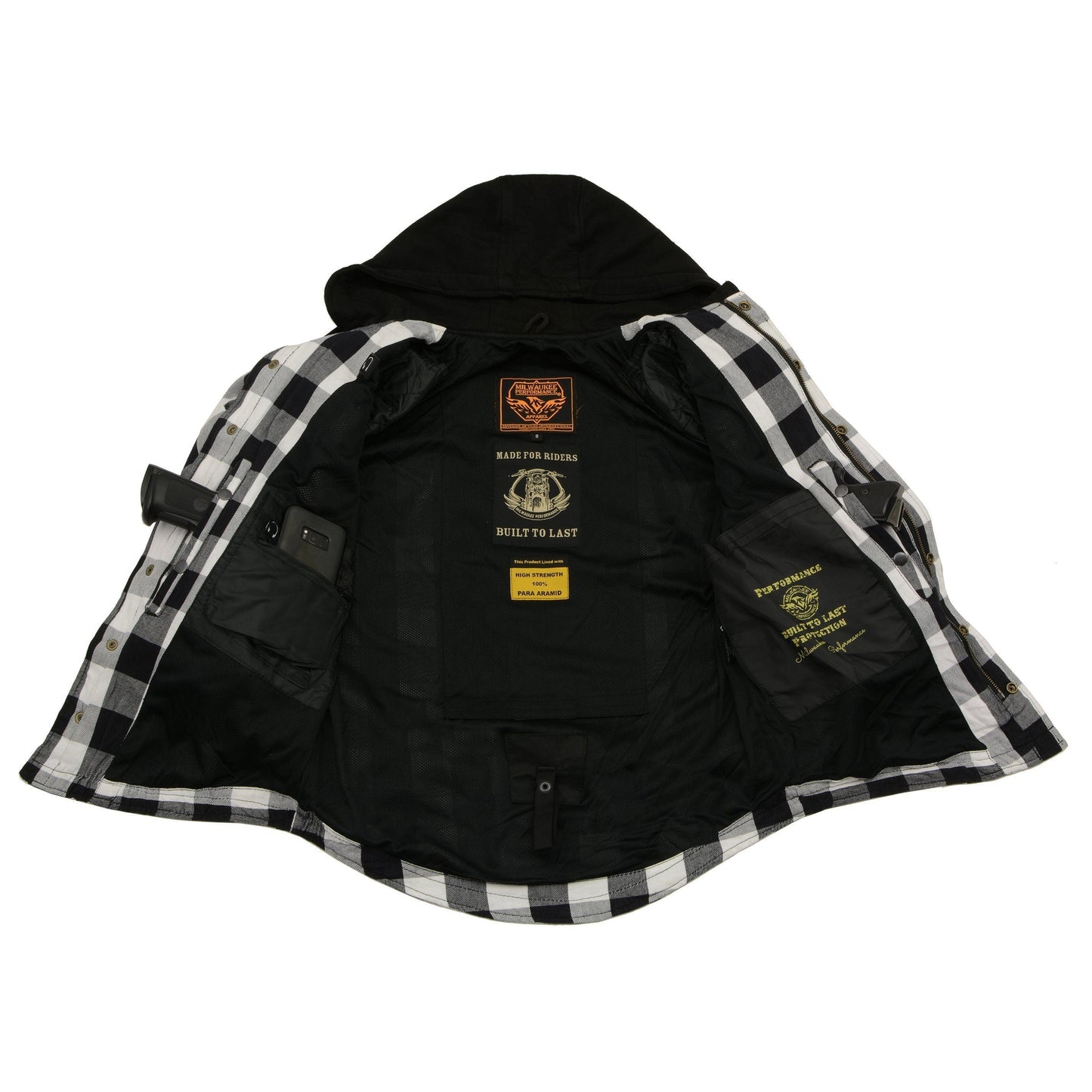 Milwaukee Leather Men's Othello Black/White Hooded CE Armored Flannel Shirt with Aramid Reinforced Zones - MPM1629