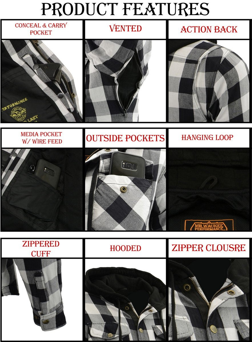 Milwaukee Leather Men's Othello Black/White Hooded CE Armored Flannel Shirt with Aramid Reinforced Zones - MPM1629