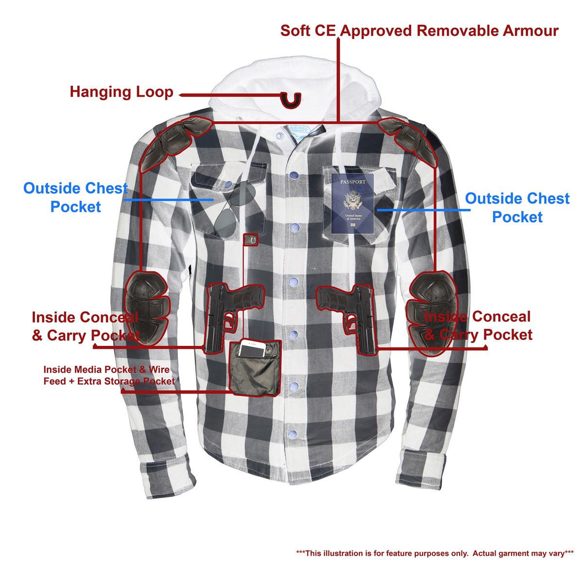 Milwaukee Leather Men's Othello Black/White Hooded CE Armored Flannel Shirt with Aramid Reinforced Zones - MPM1629