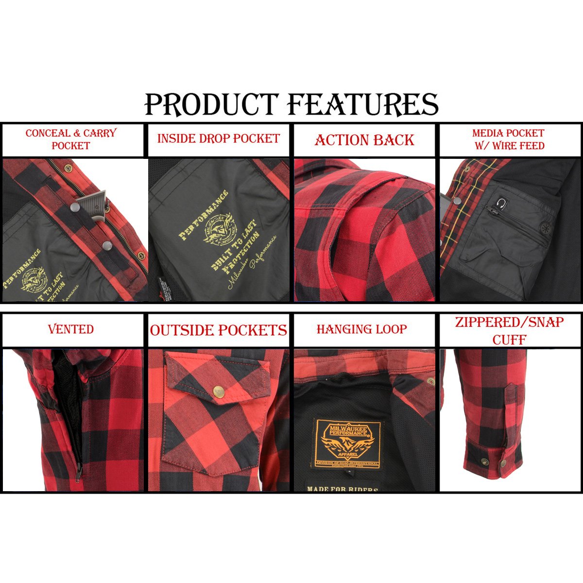 Milwaukee Leather Men's Logger Black/Red CE Armored Flannel Shirt with Aramid Reinforced Zones - MPM1631