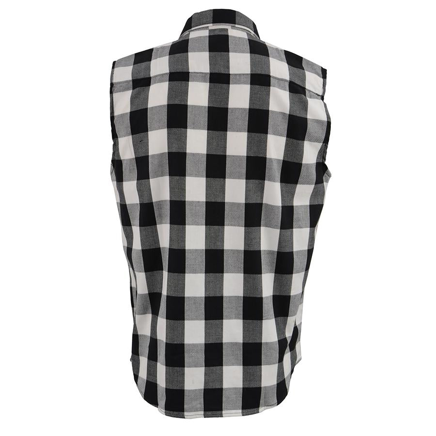 Milwaukee Leather Men's 'Open Road - White Line' Black/White Sleeveless Flannel - Cotton Button Up Shirt - MPM1647
