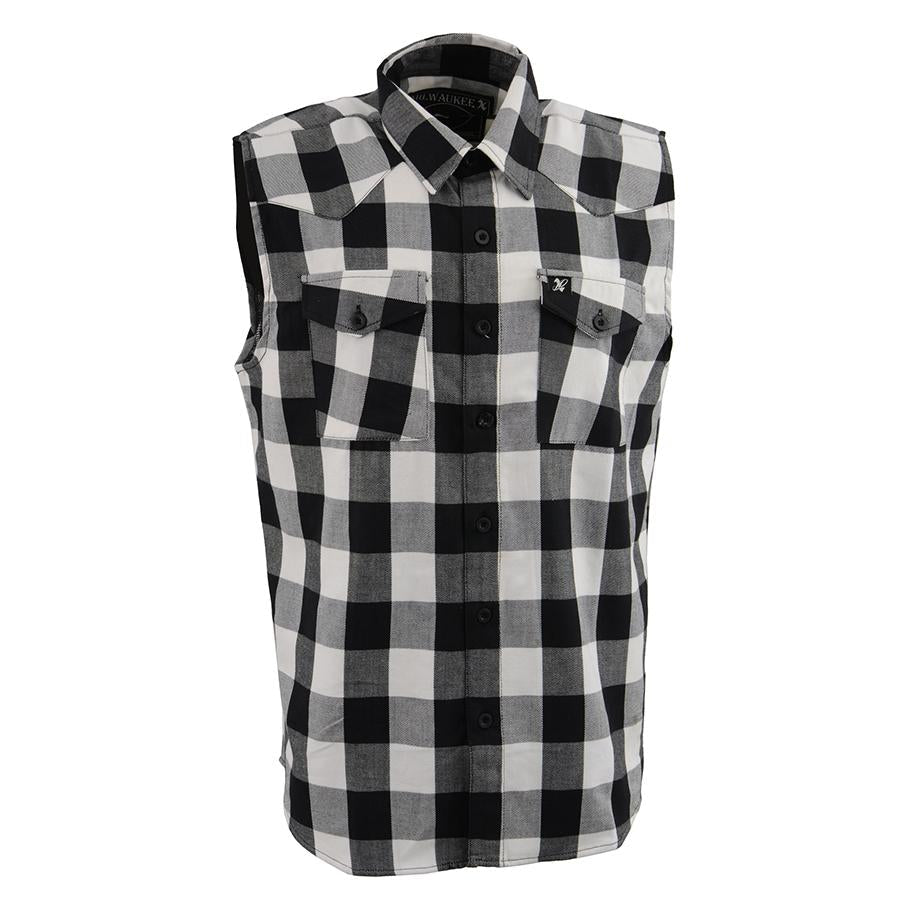 Milwaukee Leather Men's 'Open Road - White Line' Black/White Sleeveless Flannel - Cotton Button Up Shirt - MPM1647