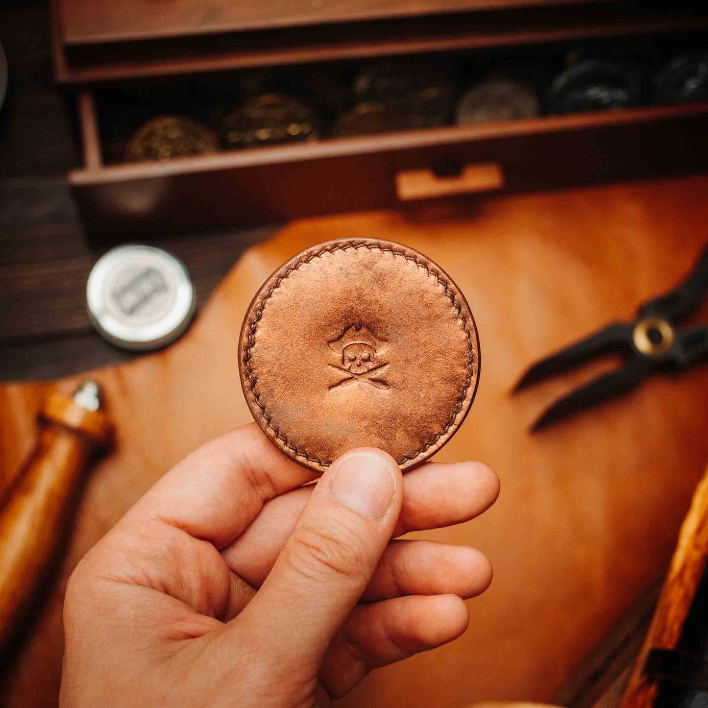 Pirate Goods Peso Pocket v2 Coin Holder – Round Leather Challenge Coin Case for EDC