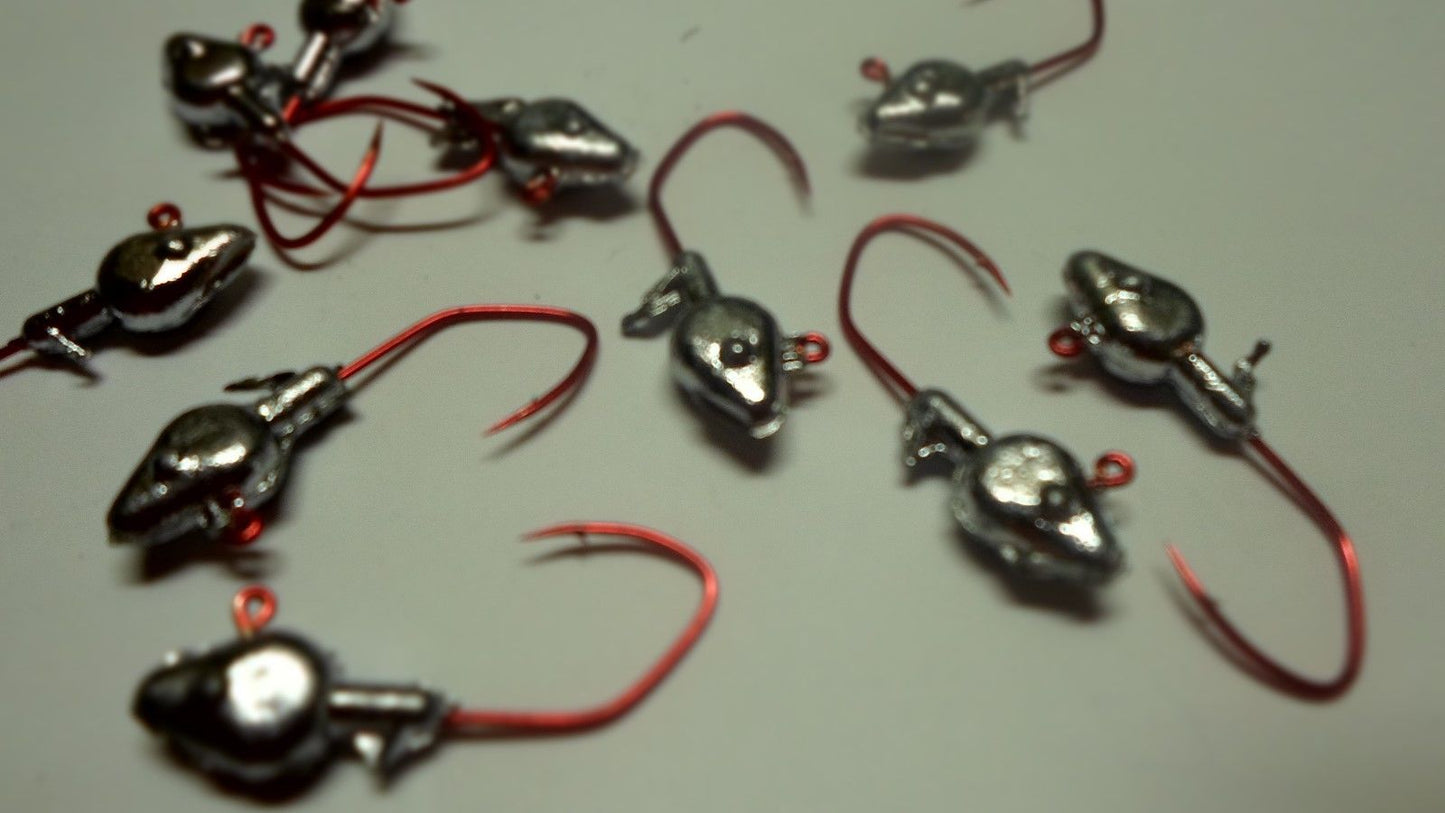 35ct.- 1/8oz. Unpainted Cam's Minnow Head w/ #1 (Laser Sharp) Red Nasty Bend Hooks