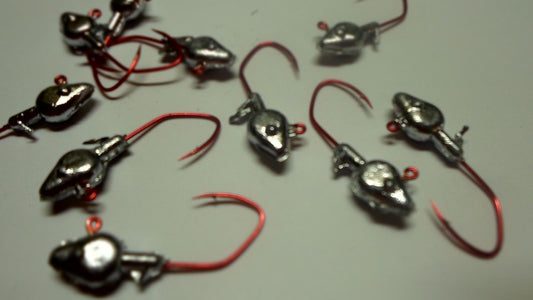 35ct.- 1/16oz. Unpainted Cam's Minnow Head w/ #1  (Laser Sharp) Red Nasty Bend Hooks