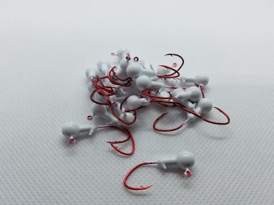35 pk. 1/16 oz. Cam's White Painted Jigs with Collar and #2 Red Chrome "NASTY BEND HOOK"