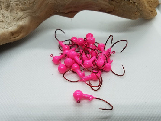 35 pk. 1/32 oz. Cam's Pink Painted Jigs with Collar and #2 Red Chrome NASTY BEND HOOK